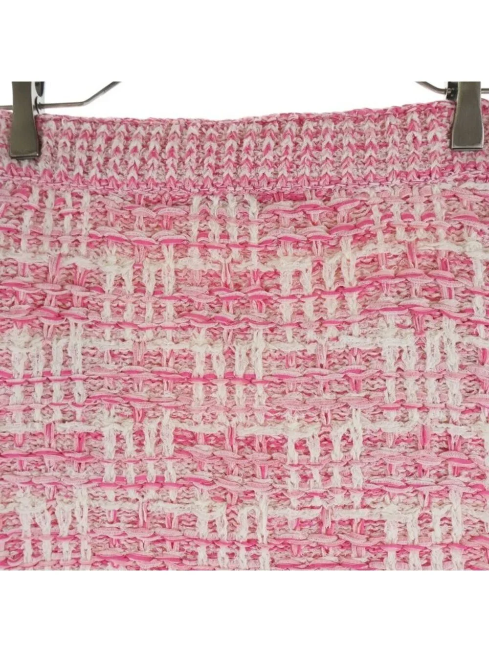 Chanel Tweed Fringe Skirt CC Logo Button Pink White